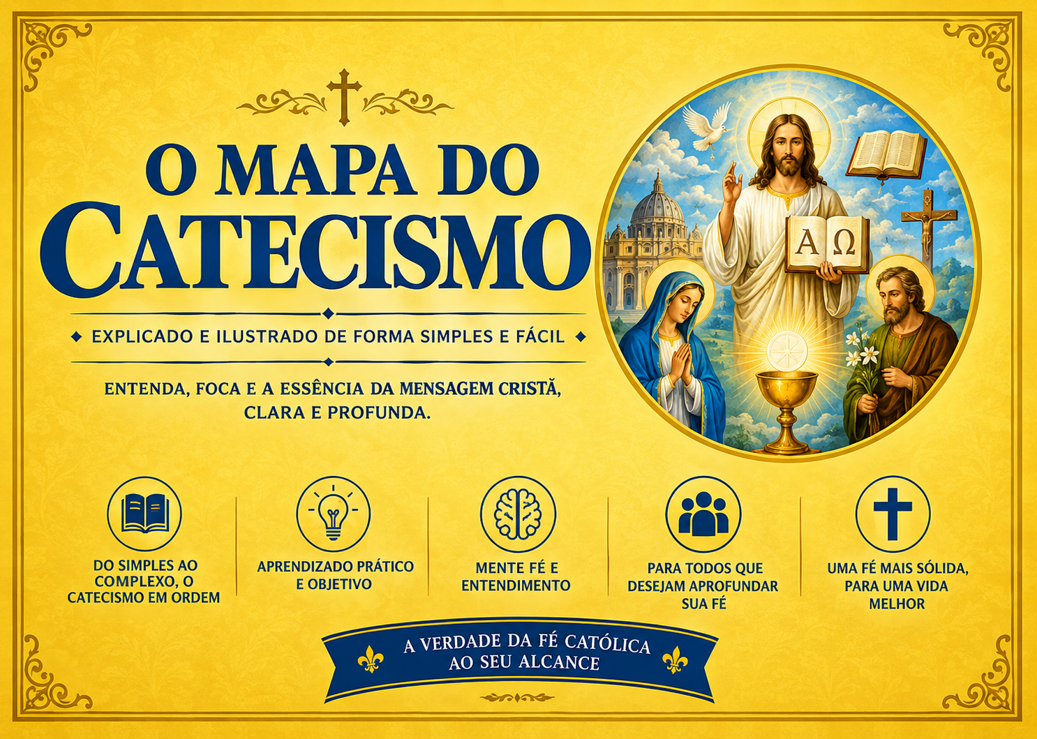 Capa amarela de O Mapa do Catecismo com a Trindade, Maria e São José